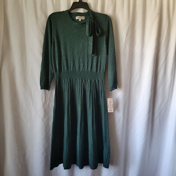 NEW Nanette Lepore XL Dress Green Sparkle Smocked pleated w/tie midi Vintage NWT - Picture 1 of 11